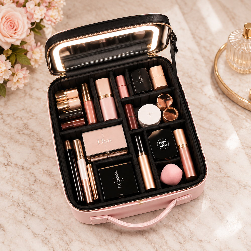 Organized storage inside the ivery makeup bag